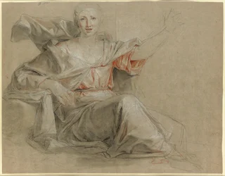 Eine sitzende Frau, ihren linken Arm erhoben