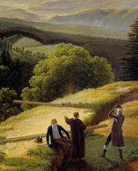 Drei Reisende in einer Landschaft