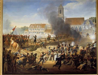 Überquerung der Landshut-Brücke am 21.04.1809, General Mouton führte die Grenadiere des 17. Linienregiments
