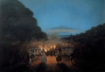Die Bamboula tanzt einst Bambus (oder Stöcke) auf den Westindischen Inseln. Tanzszene Schwarzer Sklaven im Licht von Fackeln. Gemälde von Honoré Gamain (1803-1871), 19. Jahrhundert, La Rochelle, Museum der Neuen Welt