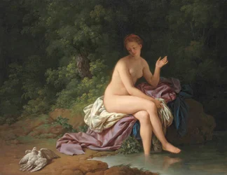 Eine Dame badet an einem Fluss mit zwei Turteltauben