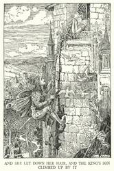 Und sie ließ ihr Haar herunter, und der Königssohn kletterte daran hinauf (Lithografie)