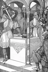 Arthur zog das Schwert Excalibur aus einem Amboss Illustration von Louis Rhead (1858-1926) aus „King Arthur and his knights“ 1923 Private Sammlung