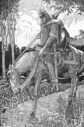 Mordred (Modred) wird nach der Schlacht von Camlann gegen seinen Vater, König Artus, verwundet. Illustration von Louis Rhead (1858-1926) aus „König Artus und seine Ritter“, 1923, Privatsammlung