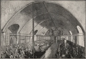 Der alte Club der Jakobiner in der Rue Saint-Honoré (Kloster der Jakobiner) - Eine Sitzung im Club der Jakobiner - Alexandre de Lameth präsidiert, während Mirabeau eine Rede hält (Januar-Februar 1791) - Gravur von Masquelier - Versammlung im Raum der Jakob
