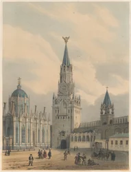 Der Spasskaja-Turm Erlösertor und die St.-Katharinen-Kirche des Himmelfahrtsklosters im Moskauer Kreml