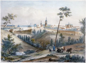 Bouvier auf dem bretonischen Land (Dinan in der Ferne) - Lithographie von Jacottet und Benoist