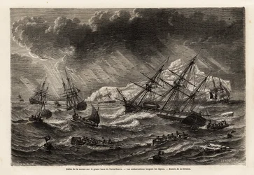 Dorschfischerei auf der Großen Bank von Neufundland, die Boote folgen den Linien, Zeichnung von Lebreton, zur Illustration der Reise nach Neufundland im Jahr 1860 von A. de Gobineau. Gravur in „Le tour du monde“, herausgegeben von Edouard Charton