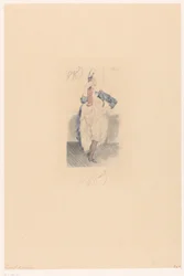 Cancan-Tänzerin mit gestrecktem Bein und Arm in der Hüfte