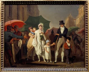 Die Bourgeoisie schützt sich vor dem Regen in der Pariser Premier Empire Mode