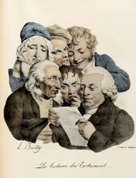 Das Lesen des Testaments. Gravur von Louis-Leopold Boilly