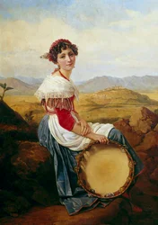 Porträt eines Bauern aus der Umgebung von Rom. Ein junger italienischer Musiker hält ein Tamburin