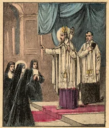 Orden der Heimsuchung Mariens - St. Franz von Sales - Francois de Sales gründete den Orden der Heimsuchung mit Madame de Chantal (Jeanne Francoise Fremyot de Chantal) (1572-1641) - Gravur aus Religiöse Lehre durch die Augen. Wunderbares Album von Louis Mai