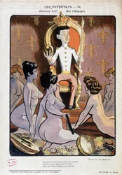Porträt von Alfonso XIII., König von Spanien, auf seinem Thron und umgeben von nackten Frauen - Zeichnung von Louis Malteste, in „La Vie en Rose“ 21/9/1902