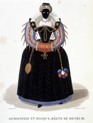 Porträt einer Dame mit Maske, zweite Hälfte des 16. Jahrhunderts. In „Galerie francaise de femmes célèbres“