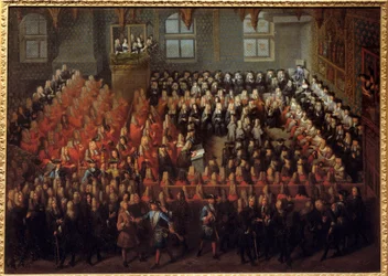 Bett der Gerechtigkeit, gehalten von Ludwig XV (1710-1774) in der Großen Kammer des Parlaments von Paris, um das Testament von Ludwig XIV (1638-1715) zu brechen