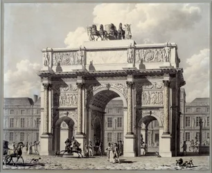 Ansicht des Triumphbogens des Karussells in Paris. Zeichnung in Feder und Tinte mit Lavierung von Pierre Louis Balard (1764 - 1846)