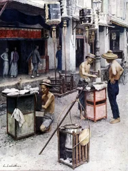 Mobile Restaurants in Singapurs Chinatown. Illustration von L. Sabatier. 19. Jahrhundert