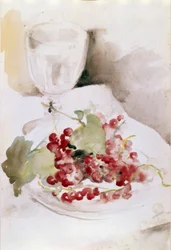 Stillleben mit roten Trauben und Glas