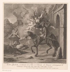 Don Quichotte verlässt begleitet von der Torheit sein Haus, um ein wandernder Ritter zu werden