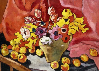 Krug, Anemonen, Tulpen und Äpfel