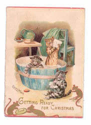 Eine viktorianische Weihnachtskarte mit zwei Katzen in einer Badewanne, während zwei Mäuse mit einem Stück Seife spielen, um 1880