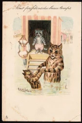 Wir genießen das schöne Wetter. Tiere in menschlicher Haltung. Katzen beim Baden im Meer im Urlaub. Postkarte. Chromolithographie von Louis Wain (1860-1939), englischer Künstler, bekannt für seine Darstellung von Katzen mit großen Augen. Anfang des 20. Jah