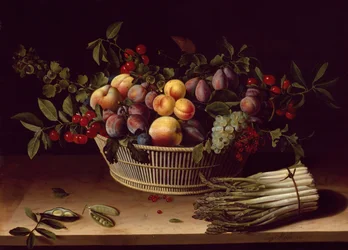 Stillleben mit einem Korb voller Früchte und einem Bund Spargel, 1630