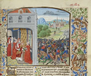 Die Krönung von Papst Gregor XI. und die Schlacht von Pontvallain, 1370, ca. 1470-1475.