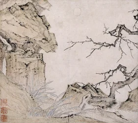 Narzissus, Pflaumenbaum in einer Landschaft