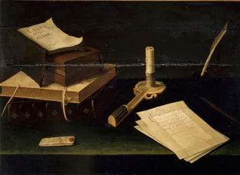 Stillleben mit Büchern, Feder, Brief und Kerze