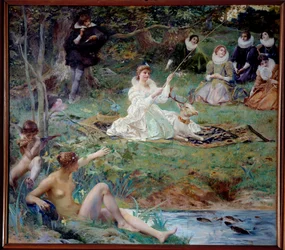 Marie F. des Ursins, Herzogin von Montmorency und der Dichter Theophile de Viau in Chantilly im Sylvie-Pavillon. Gemälde von Luc Olivier Merson