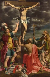 Altar von San Fermo, Kreuzigung mit den Heiligen Fermo, Hieronymus und Papst Gregor XIV., Luca Cattapane 1593