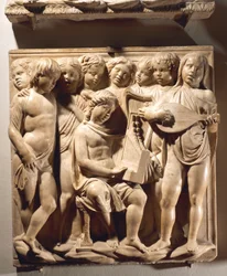 Laudate Eum in chordis et organo (Psalm 150, Laudate Dominum), Tafel mit singenden Jungen sowie Orgel, Harfe und Laute