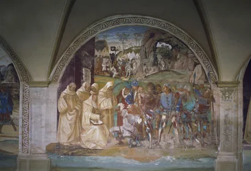 Benedikt entdeckt Totilas Täuschung, Szene aus dem Leben des heiligen Benedikt