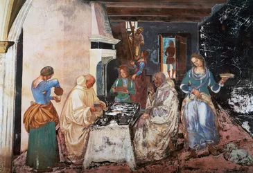 Benedikt erzählt den Mönchen, wo und wann sie außerhalb des Klosters gegessen haben, Szene aus den Geschichten von St. Benedikt