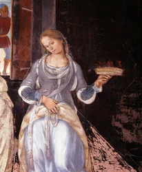 Benedikt sagte den Mönchen, wo und wann sie außerhalb des Klosters aßen (Detail). Kreuzgangfresko von Luca Signorelli (ca. 1445-1523), das das Leben des heiligen Benedikt von Nursia (480 - 567) erzählt, Gründer des Benediktinerordens 1497-1498 Abtei von Mo