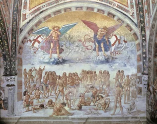 Nahaufnahme eines Freskos in einer Kathedrale, Auferstehung des Fleisches, Luca Signorelli, Orvieto, Umbrien, Italien