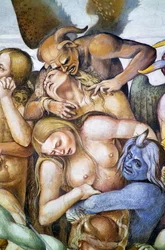 Verdammte in der Hölle, (Detail) mit Selbstporträt von Luca Signorelli als blauer Dämon, aus dem Freskenzyklus des Jüngsten Gerichts