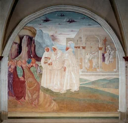 Der heilige Benedikt evangelisierte die Bewohner von Monte Cassino, im Hintergrund stürzen die Mönche eine Statue des Apollo