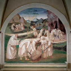 Die Probleme der Mönchsansiedlungen in Monte Cassino, Heiliger Benedikt vertreibt einen Dämon aus einem Stein, im Hintergrund finden die Mönche ein Idol im Boden, eine andere Gruppe kämpft gegen Feuer