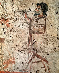 Ein Flötenspieler. Lukanisches Fresko aus dem 4. Jahrhundert v. Chr., aus der Nekropole von Paestum, Italien. Museo Nazionale Archeologico, Paestum