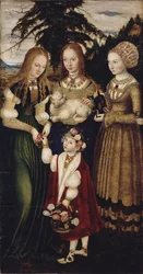 Altarbild mit dem Martyrium der Heiligen Katharina, linker Flügel: Die Heiligen Dorothea, Agnes und Kunigunde