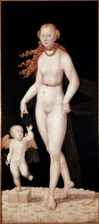 Venus und Amor, um 1540. Lebensdaten des Künstlers: 1515-1586. Maße: 196 x 89 cm. München, Alte Pinakothek