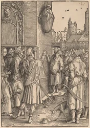 Der Dichter Virgil in einem Korb aufgehängt