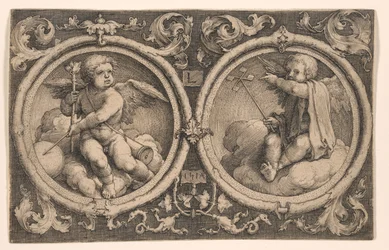 Zwei Cupidos auf Wolken sitzend