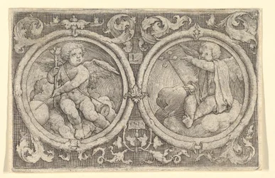 Zwei Putti, die in Wolken in Kreisen mit Ranken sitzen, 1517
