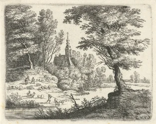Landschaft mit Hirten und Vieh an einem Fluss