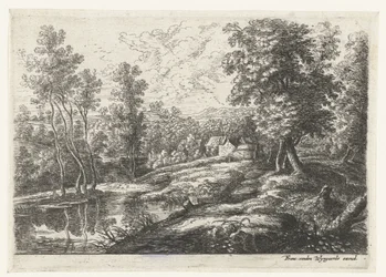 Landschaft mit Häusern und einer von einer Mauer umgebenen Kirche