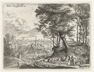 Landschaft mit einem Landhaus in der Ferne